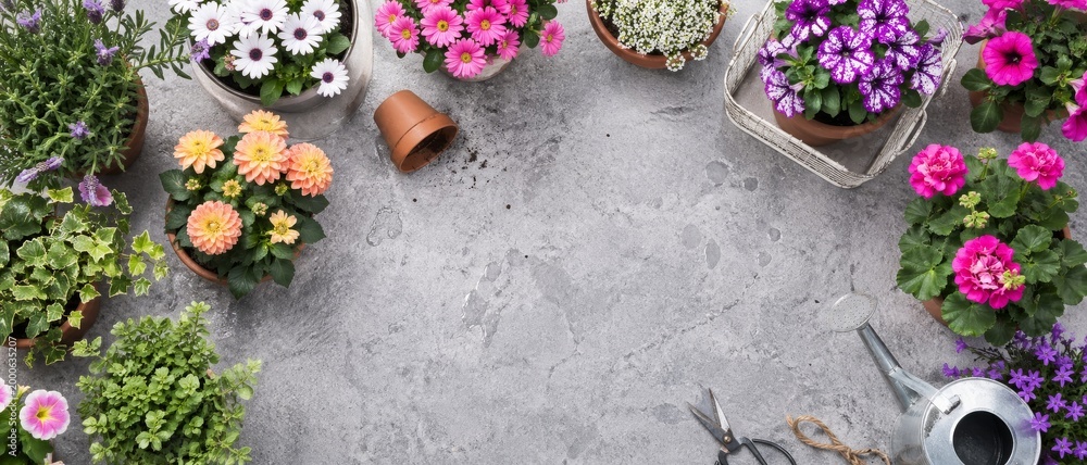Obraz premium Various flowers in pots for summer gardening on gray stone background, top view composing