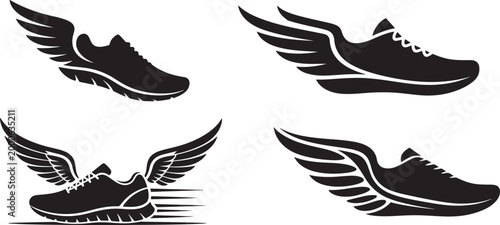 Set of Black silhouette of a running shoe with wings symbolizing speed and movement. Silhouette vector illustration