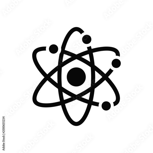 Atomic structure vector icon, minimalist science atom symbol, black nuclear energy sign on white background, physics and chemistry research logo
