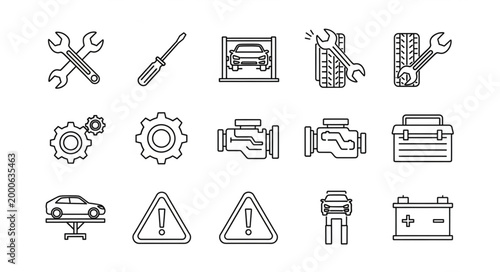 Set of Hand-Drawn Icons Representing Automotive Repair and Maintenance Services.