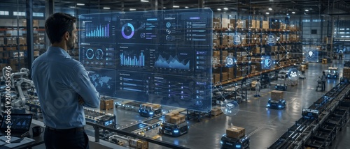A small business owner compares supplier performance in real time in a warehouse control room above automated aisles, while workflow bots update approvals, contracts, and resource plans.