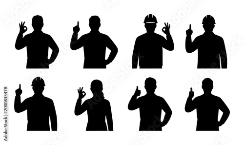 Silhouette Figures Set: Construction Workers, Professionals, Diverse Poses, OK Sign, Pointing Up, Vector Icons for Business, Safety, and Teamwork Concepts