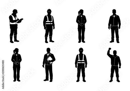 Construction Worker Silhouettes, Industrial Professionals Set, Safety Gear Figures, Diverse Workforce Icons for Manual Labor and Engineering Projects
