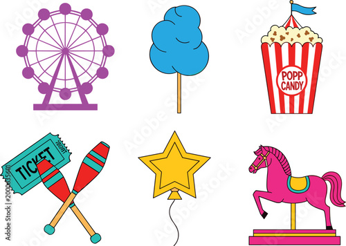 Carnival and Fair Icon Set with Ferris Wheel, Cotton Candy, Popcorn, Ticket, and Carousel for Websites, Apps, and Digital Media Designs.