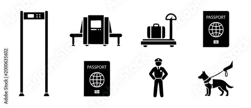 Airport Security Icon Set: Metal Detector, X-ray Scanner, Passport Control, Luggage Check and K9 Unit for Travel Safety, International Border Customs, Global Transportation, and Passenger Screening In