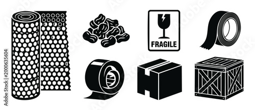 Packaging logistics icons set, shipping delivery materials, cardboard box, bubble wrap, adhesive tape, wooden crate and fragile label, storage supply equipment vector collection for transportation ind