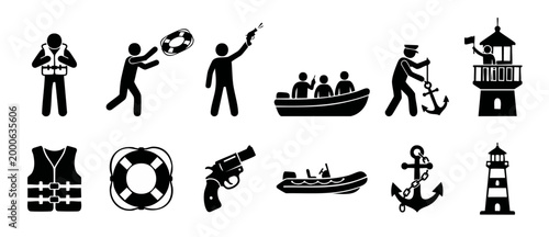 Maritime Safety Icon Set, Marine Rescue Gear and Boat Navigation Symbols. Life vest, lifebuoy, flare gun, motorboat, anchor and lighthouse pictograms for nautical emergency, coast guard and ocean safe
