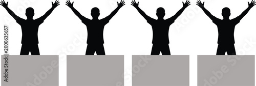   
Black silhouette illustration of four standing human figures with raised arms positioned above rectangular blocks in symmetrical pattern