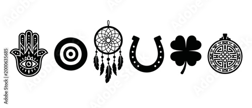 Lucky Charms and Spiritual Protection Symbols Set, Hamsa Hand, Dreamcatcher, Horseshoe, Four Leaf Clover, and Celtic Knot Icons, Black and White Vector Illustration for Design and Decoration Projects.