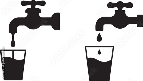 Simple black silhouette of a faucet dripping into a glass. Silhouette vector illustration