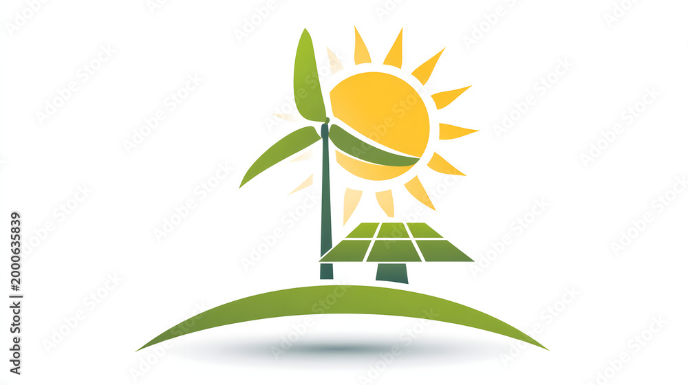 Fototapeta premium Clean and Renewable Energy Concept Illustration Featuring a Green Wind Turbine, Solar Panel, and Bright Sun on a Minimalist Landscape Representing Sustainable Environmental Solutions and Ecology.