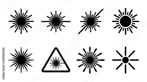 Laser Beam Effect Icons, Sunburst Starburst Symbols, Radiant Light Burst Graphics, Warning Sign Element Set