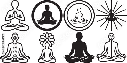 Set of yoga meditation poses in various styles for wellness and relaxation designs.