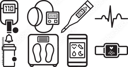 Set of medical devices icons in line style for healthcare and monitoring apps.