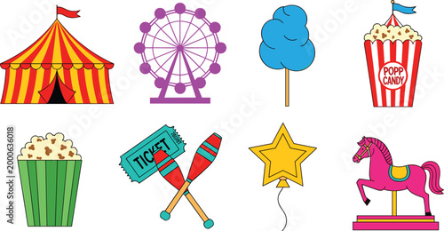 Carnival and Fair Icon Set with Tent, Ferris Wheel, Cotton Candy, Popcorn, and Ride for Websites, Apps, and Digital Media Designs.