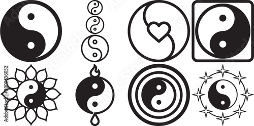 Yin yang symbols in various artistic styles and decorative arrangements.
