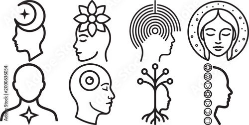 Human head profiles with symbolic elements and spiritual tree of life.