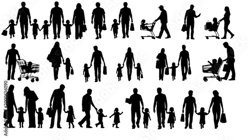 Diverse people silhouette collection showing shopping families with child figures in different poses, urban lifestyle vector set.