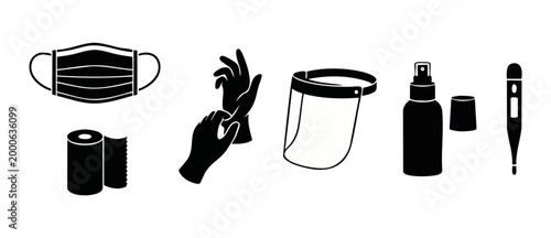 Medical protection hygiene icons set, PPE gear for virus prevention, face mask, gloves, shield, sanitizer spray and thermometer, flat vector graphic design elements for health and safety protocols iso
