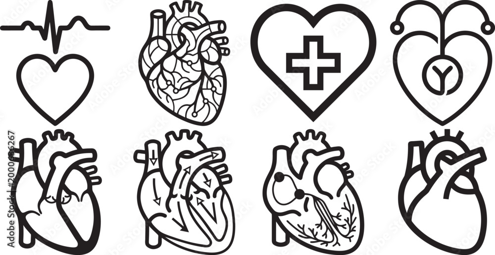 Fototapeta premium Human heart anatomy icons set for medical illustration and healthcare.