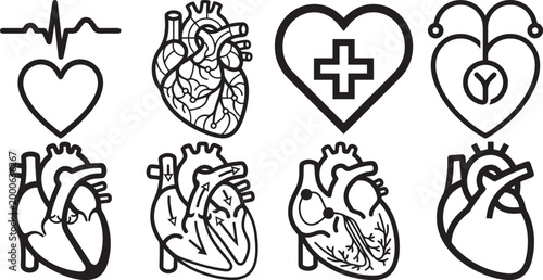 Human heart anatomy icons set for medical illustration and healthcare.