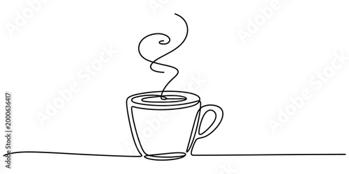 Continuous one line drawing of a hot coffee cup
