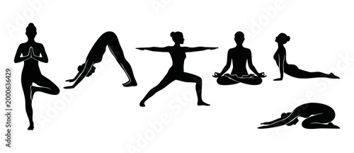Yoga poses silhouette collection, professional woman practicing fitness exercise set, isolated black vector icons for meditation, healthy lifestyle, pilates training, wellness retreat and sport activi