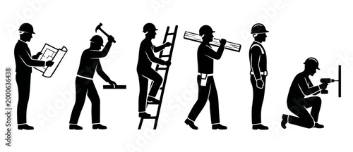 Construction Workers Silhouette Set Building Professional Icons. Builders using hammer, ladder, blueprints, drill and timber for home renovation, contractor maintenance, and architectural project deve