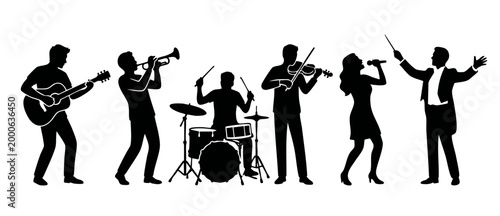 Music Band Silhouette Set with Orchestra Conductor and Singer - Performing Musicians Playing Instruments like Guitar, Violin, Drums, and Trumpet on White Background for Concert or Entertainment Concep
