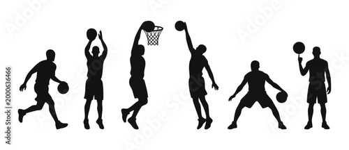 Basketball player silhouettes set showing various game actions like dribbling, jumping, dunking, and shooting. Collection of professional sports movements for graphic design projects and athlete icono