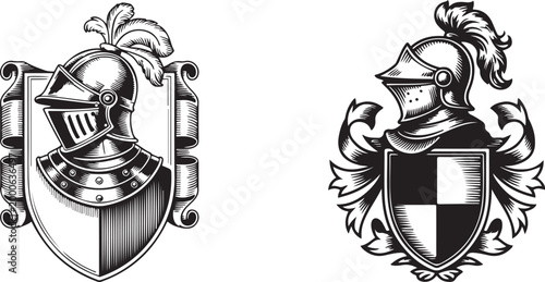 Coat of arms crest knight family medieval shield heraldry heraldic armorial motif. Featuring a knights helm helmet in a vintage etching engraving woodcut style. Silhouette vector illustration