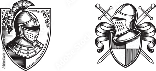 Coat of arms crest knight family medieval shield heraldry heraldic armorial motif. Featuring a knights helm helmet in a vintage etching engraving woodcut style. Silhouette vector illustration