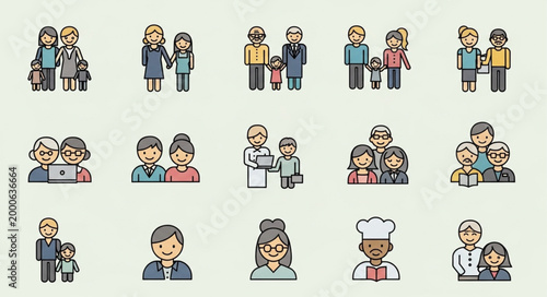 Collection of Diverse Family Icons Representing Different Generations and Lifestyles.