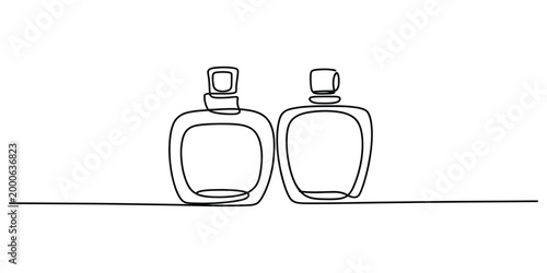 Continuous line drawing of two perfume bottles