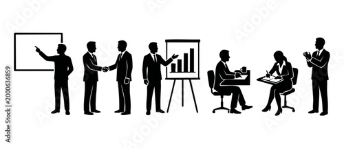 Business People Silhouettes Working Office Presentation Meeting Handshake Team Collaboration Graphics Set for Professional Corporate Reports and Communication Concepts Vector Illustration