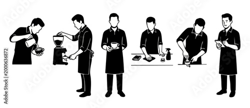 Barista Coffee Shop Worker Set, Professional Staff Poses in Apron, Pouring Espresso and Taking Orders for Cafe Menu Design, Minimalist Black and White Vector Illustration of Service and Hospitality.