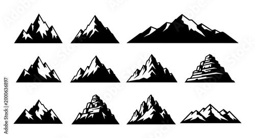 Cuadro en lienzo Mountain Peaks Vector Icons, Silhouette Rock Formations, Rugged Summit Graphics,