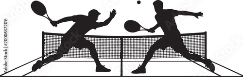 Tennis match silhouette scene with men players playing across net scene. Silhouette vector illustration