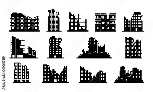Fotografia Ruined Building Icons, Destroyed City Structures, Damaged Architecture Silhouett