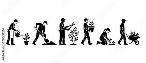 Gardener people icons set gardening activities illustration, black silhouette symbols of planting and watering plants, isolated on white background for agriculture, landscaping and horticultural desig