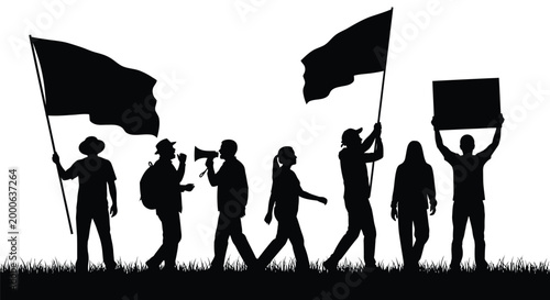 Silhouette illustration of activists marching with flags and protest signs on white background