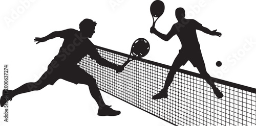 Tennis match silhouette scene with men players playing across net scene. Silhouette vector illustration