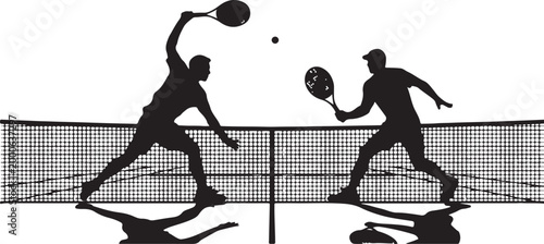 Tennis match silhouette scene with men players playing across net scene. Silhouette vector illustration