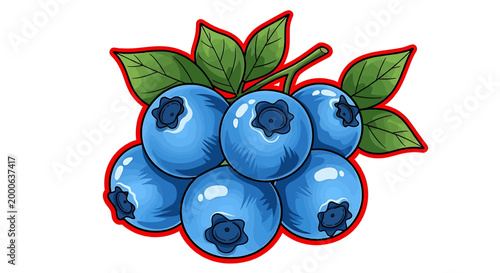 Illustration of a cluster of fresh blueberries with green leaves on a branch