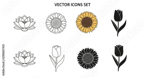 Set of floral vector icons including lotus sunflower and tulip illustrations.