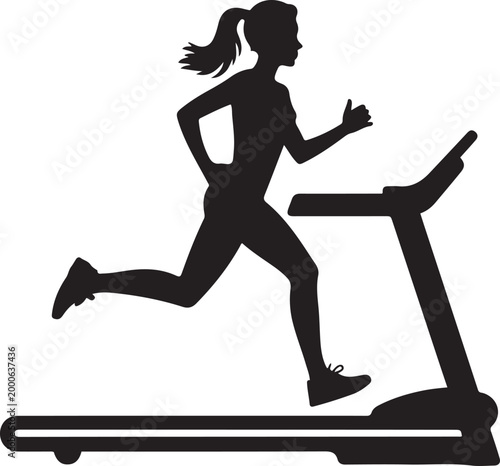 girl running on the treadmill silhouettes vector. Sport woman exercises on gym fitness machine vector silhouette. Chest legs pressure. Silhouette vector illustration