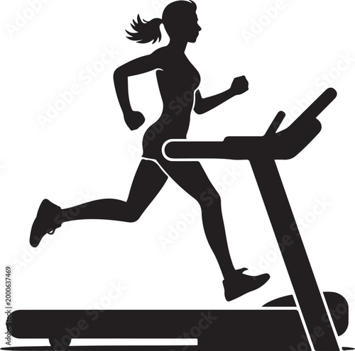 girl running on the treadmill silhouettes vector. Sport woman exercises on gym fitness machine vector silhouette. Chest legs pressure. Silhouette vector illustration