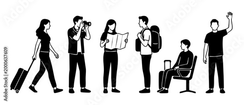 Travelers and tourists set, people with luggage and map icons, flat vector illustration. Collection of young men and women walking, photographing, waiting, and traveling for vacation or business trips