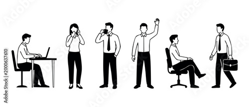 Business People Set Vector Icons, Office Staff Characters Working and Communicating, Professional Corporate Lifestyle Illustrations in Minimalist Black and White Line Art Style for Web Design and Pres