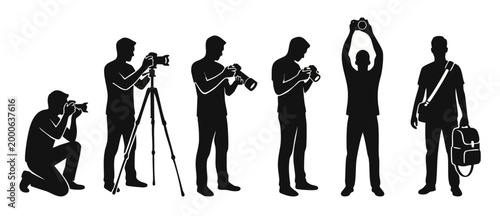 Photographer Silhouette Icons Set, Professional Photographer Posing with Camera and Tripod, Different Working Positions for Photography Concept, Minimalist Black Pictograms on White Background Isolate
